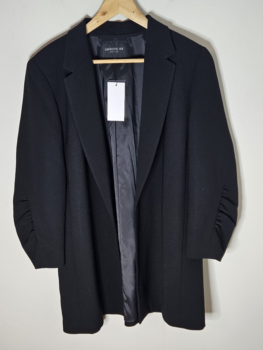 Lafayette 148 New York Cole Jacket Black Gathered Sleeves Open Front NWT XL